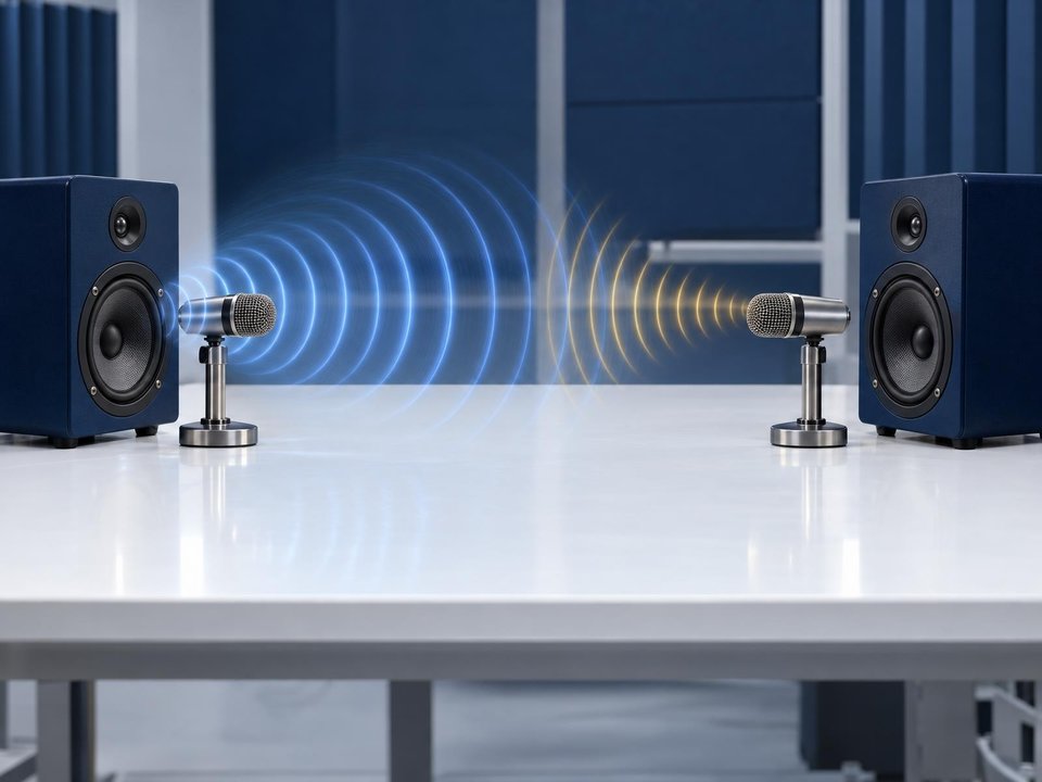 Two speakers and microphones exchange visible waves of sound across a workbench.