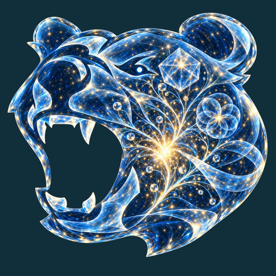 An artistic interpretation of the Pingry bear-head emblem in sapphire glass, with luminous gold and blue crystalline patterns.