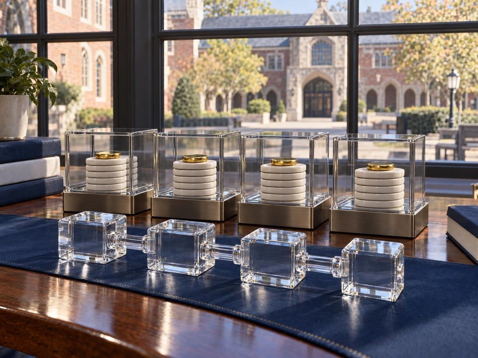 Matching stacks of records sit in transparent blocks linked across a school library table.