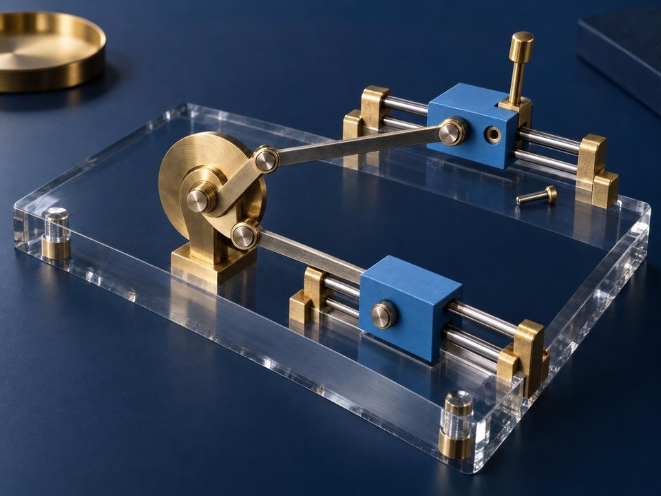A small adjustable mechanical experiment connects a wheel, rods, and sliding blocks.