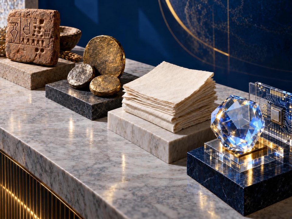 A clay tablet, old coins, paper records, and a geometric crystal suggest successive technologies of money.