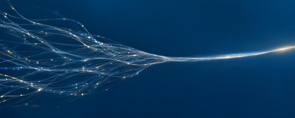 Fine strands of light converge into one bright direction across a deep blue field.