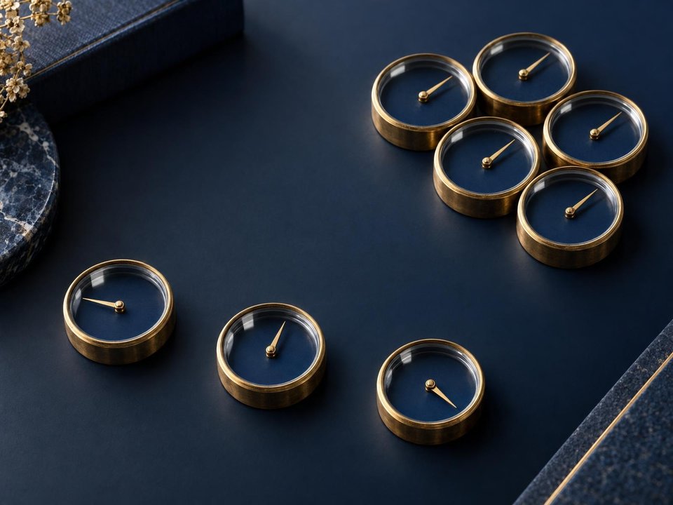 Several brass compasses cluster together, while others point independently from farther away.