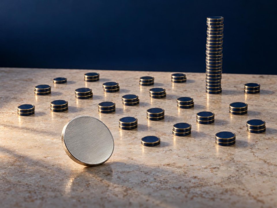 Many short stacks of tokens surround one unusually tall stack and a standing coin.