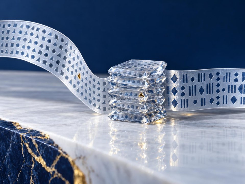 A long ribbon of repeated patterns folds into a compact stack of transparent layers.
