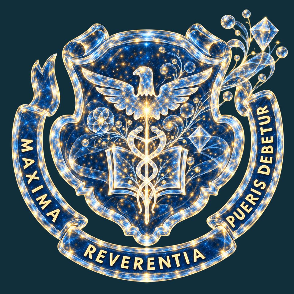 An artistic interpretation of the Pingry crest in blue crystalline glass and gold light, retaining the Latin motto Maxima reverentia pueris debetur.