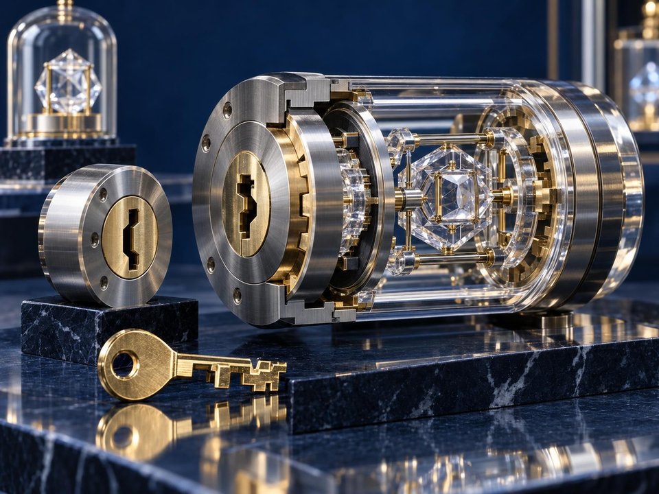 A brass key rests beside an exposed lock mechanism inside a clear cylindrical case.