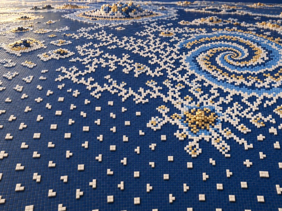 Many small tiles form branching patterns and a large spiral on a dark surface.