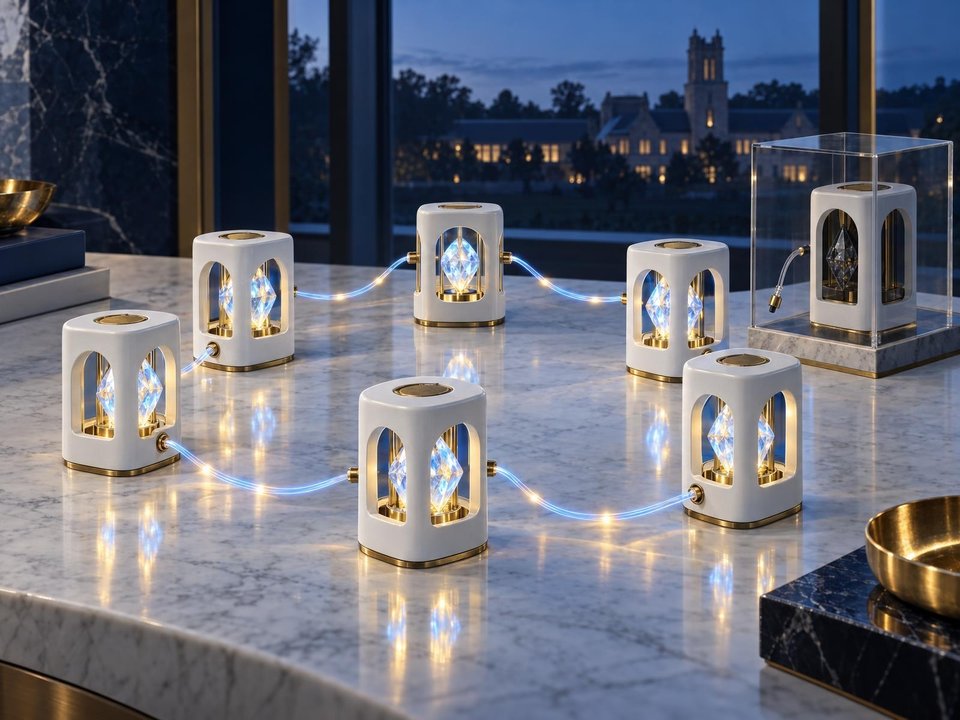 Separate transparent units glow together in a loose arrangement on a table.