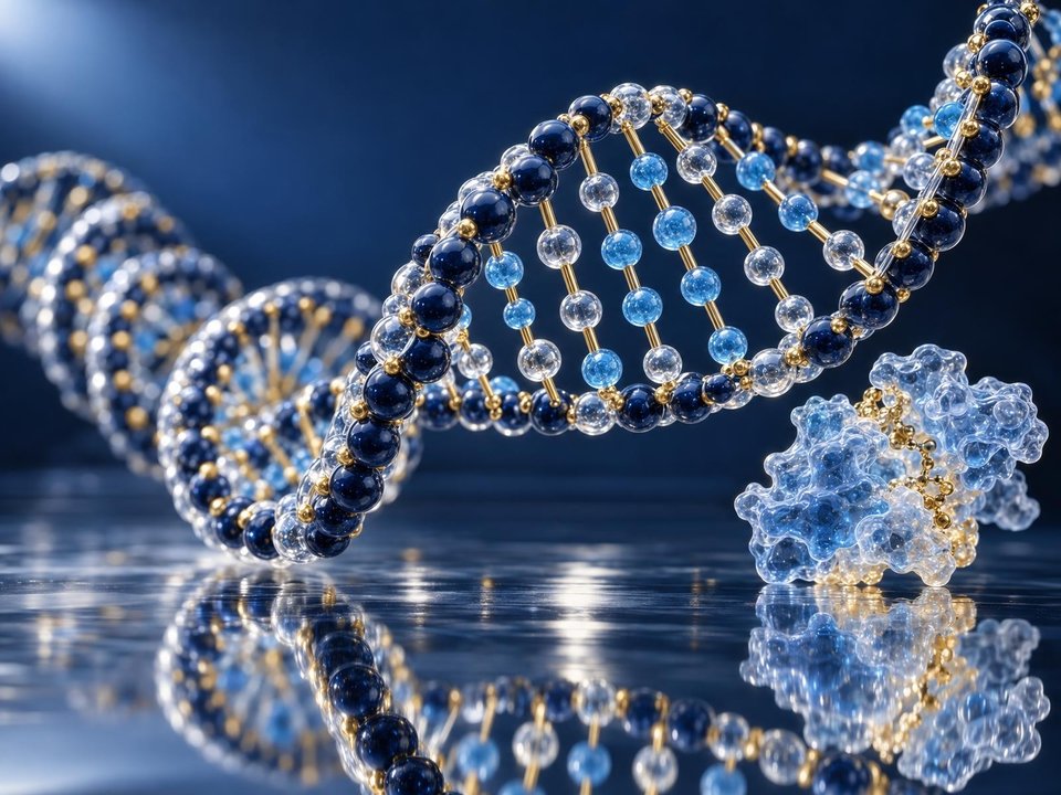 A crystalline double helix curves beside a folded molecular structure.