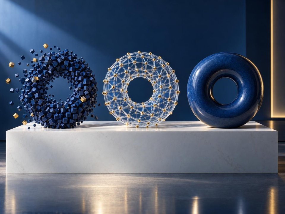 Three ring-shaped structures progress from scattered particles to an ordered lattice and a smooth solid.
