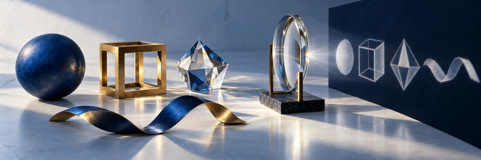 A folded metallic ribbon, geometric crystal, and ring suggest different ways of representing a pattern.