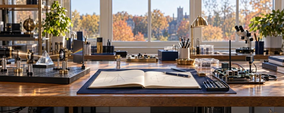 An open notebook surrounded by optics, a microscope, and electronic instruments on a sunlit workbench.