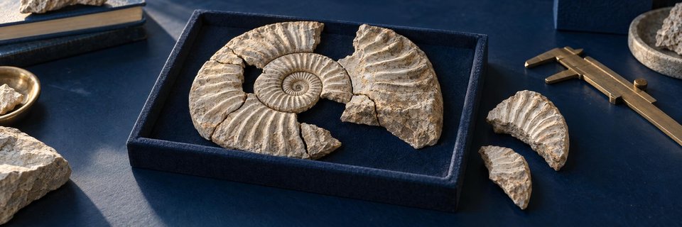 Fragments of an ammonite fossil are carefully arranged beside a measuring instrument.