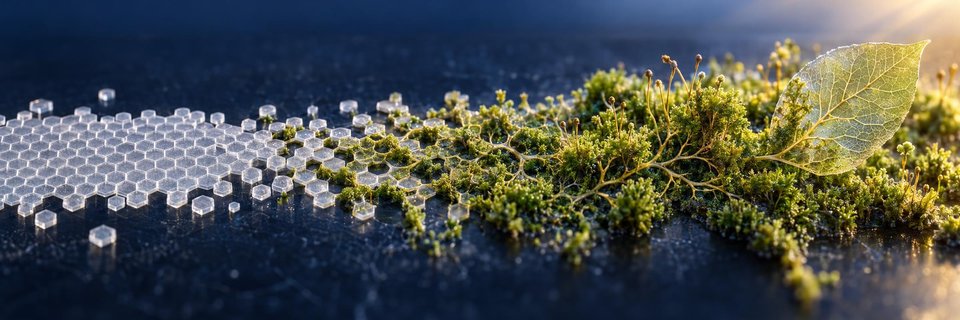 A regular grid of glass hexagons gradually meets living moss and the delicate veins of a leaf.