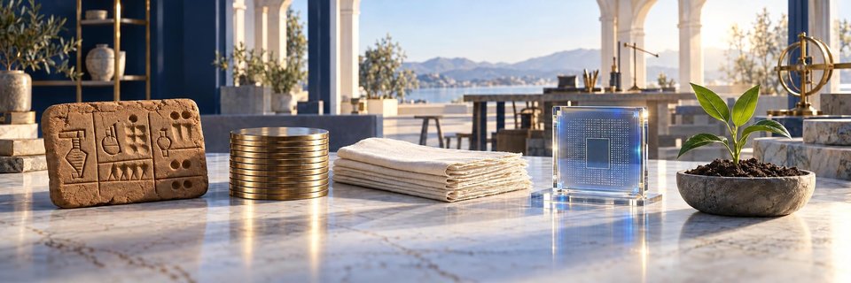 A clay tablet, coins, paper, a transparent electronic device, and a young plant share a sunlit table.