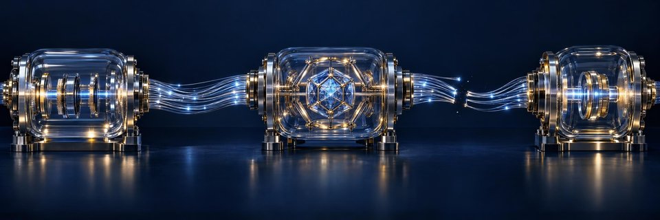 Fine strands of light pass through a transparent mechanical chamber with a geometric center.