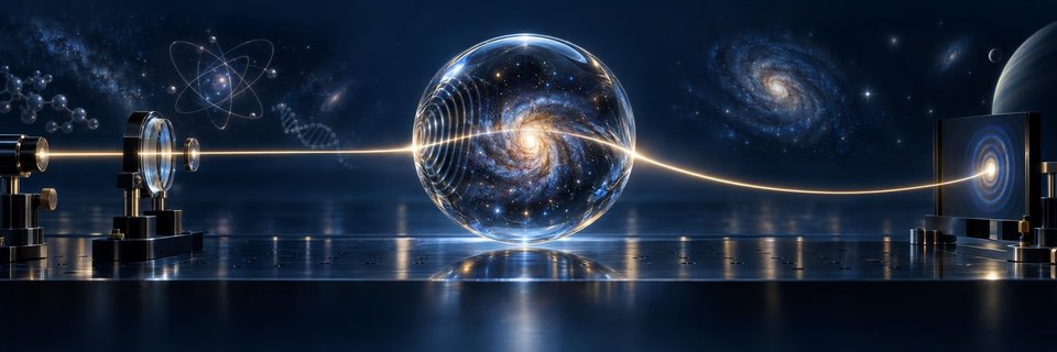 A glass sphere containing a spiral galaxy, with a fine beam of light passing through it.