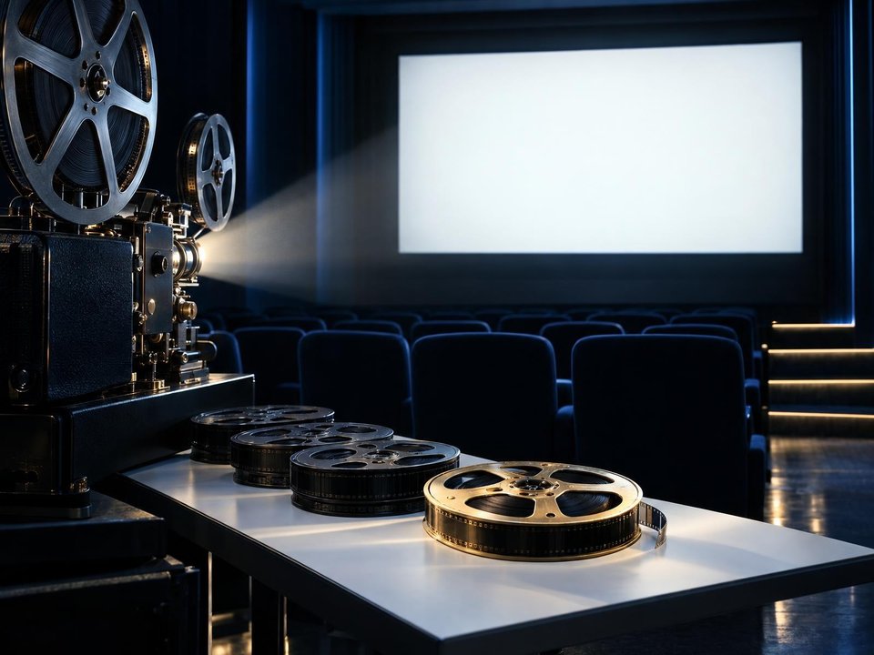 Film reels and a projector face the empty screen of a small cinema.
