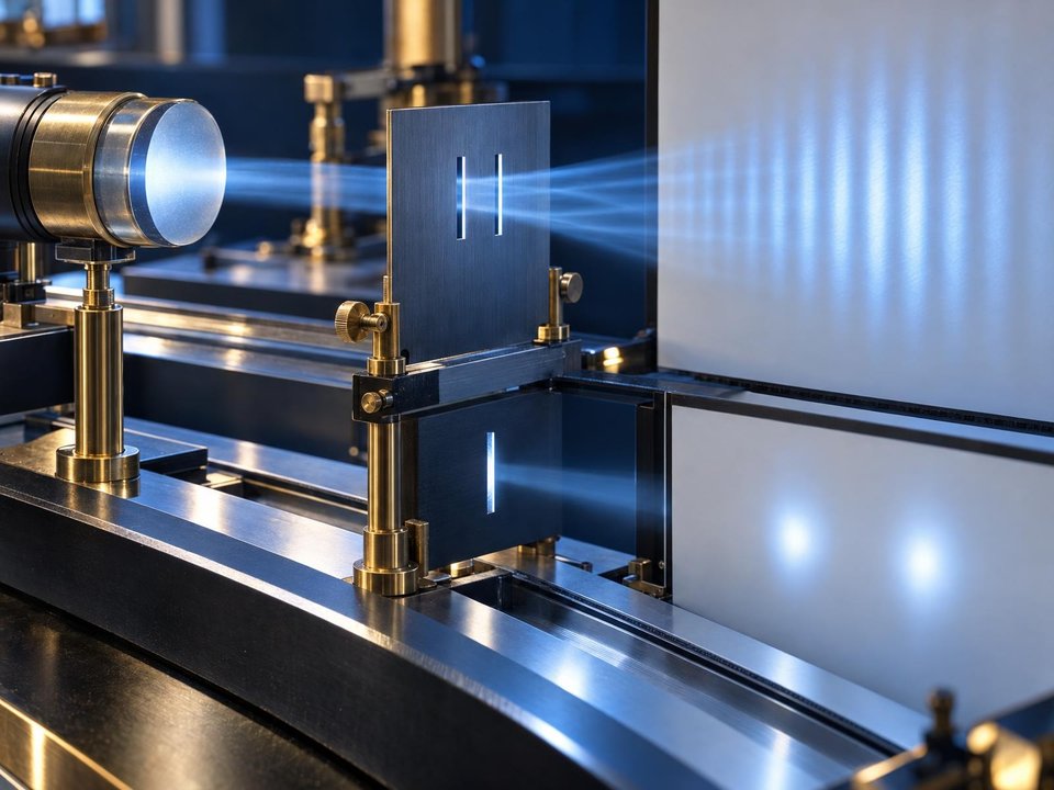 An optical experiment projects contrasting bands of light through a pair of narrow slits.