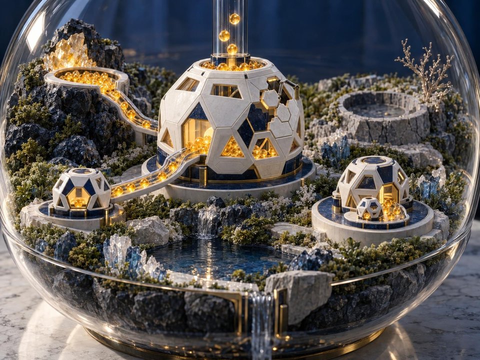 Small connected habitats occupy a self-contained miniature world inside a glass sphere.