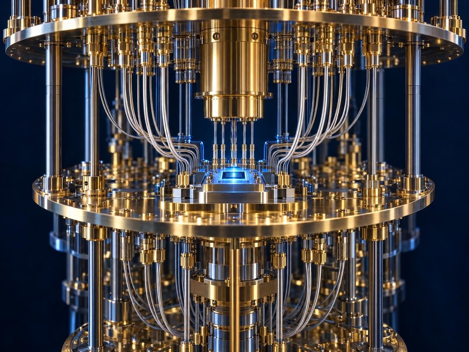 A gold and silver quantum-computing apparatus with suspended layers and fine connecting wires.
