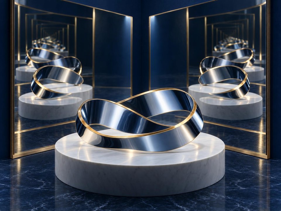 A polished twisting loop reflects repeatedly between facing mirrors.