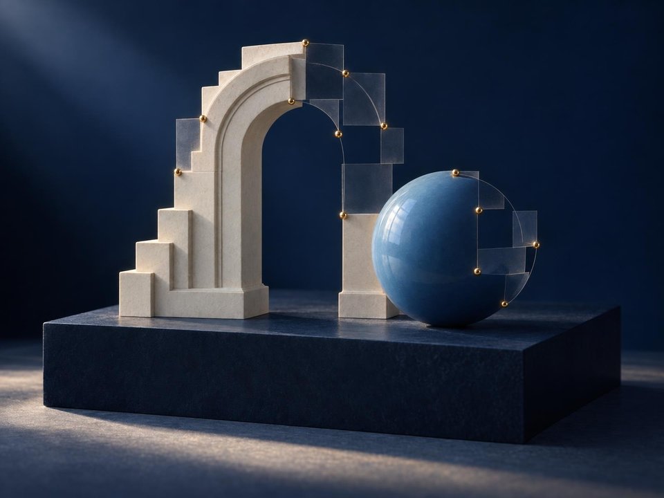 Separate pale slices suggest an arch and a sphere that become solid toward one side.