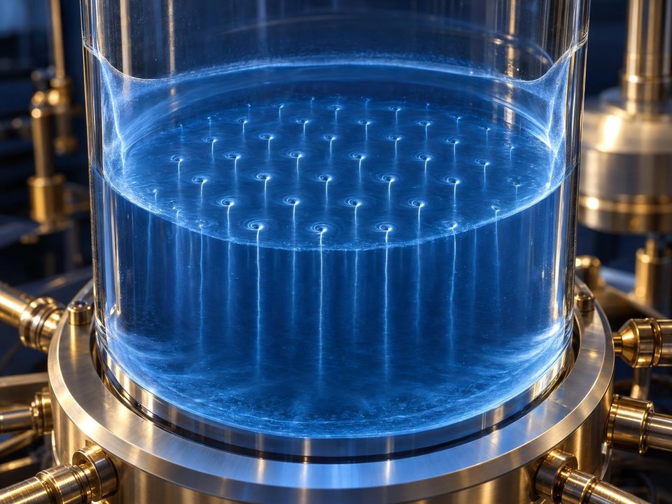 A glowing blue cylindrical chamber contains a regular array of delicate vortices.