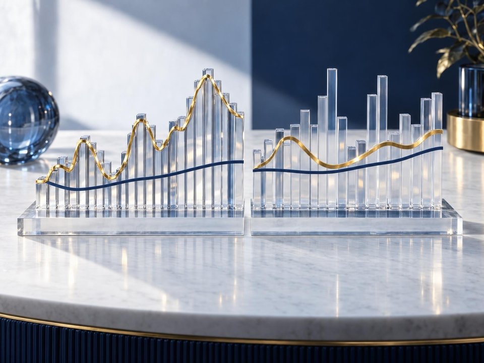 Transparent columns and a winding metallic line form a physical model of changing market values.