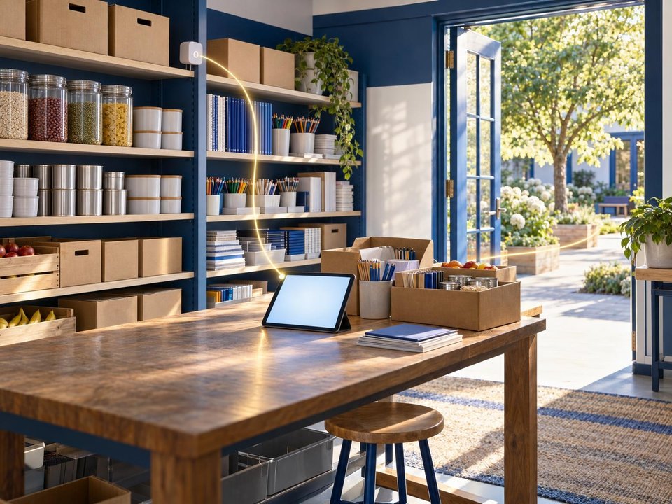 A laptop, packed boxes, and organized shelves fill a welcoming community workroom.