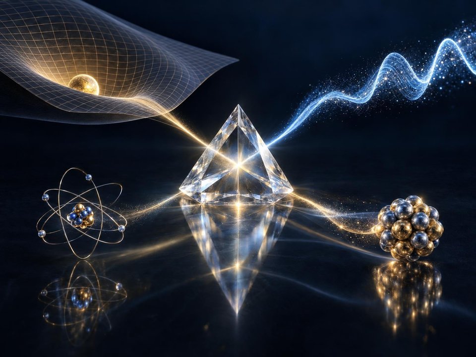 Light waves, an atom, a curved surface, and a cluster of spheres converge around a transparent prism.
