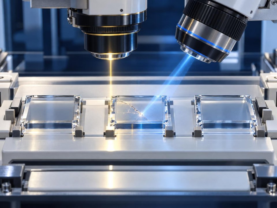 Two microscope lenses inspect a row of transparent specimens on a precision workbench.